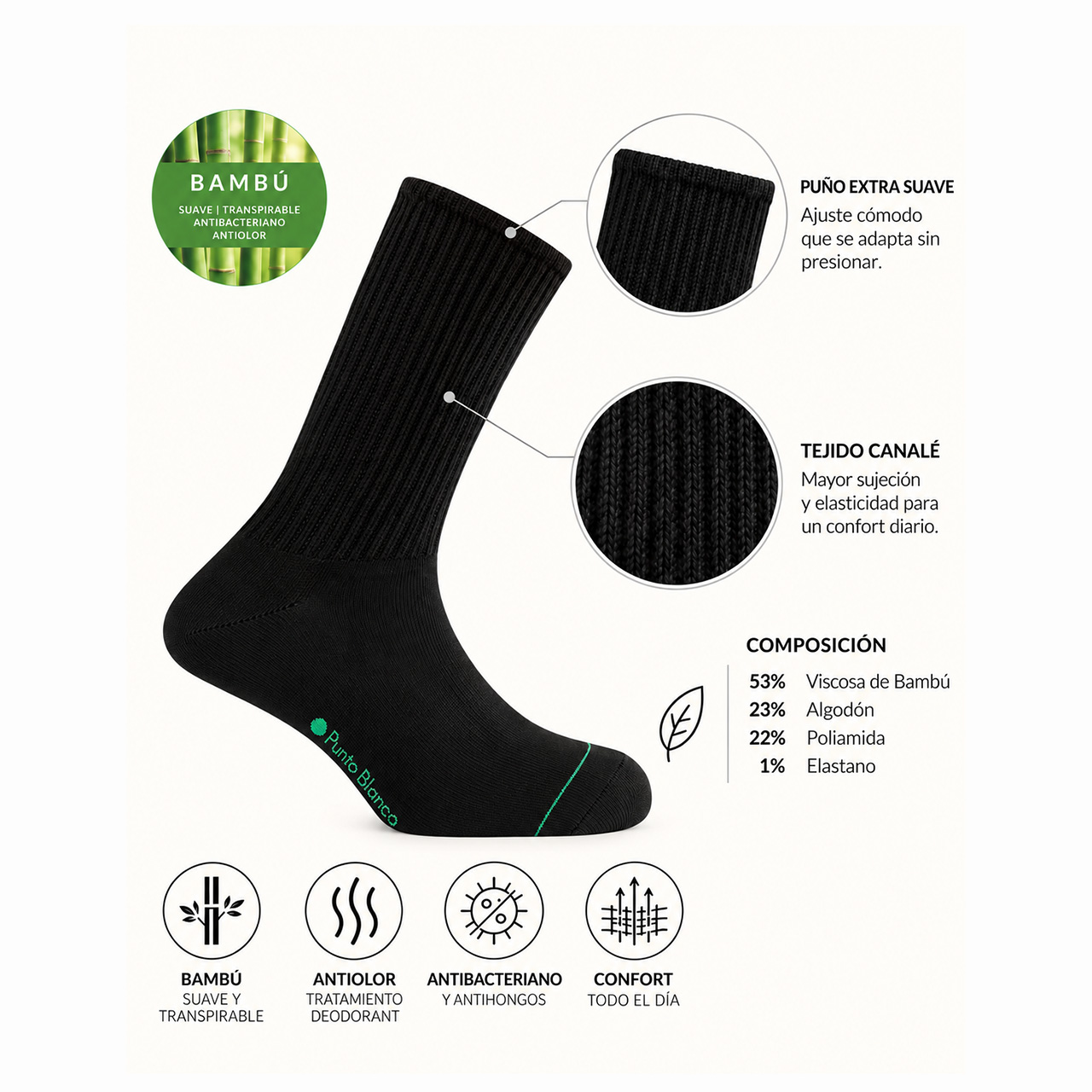 Calcetines Punto Blanco 74981-10 Bambú y Viscosa con Puño Canalé | Transpirables Antiolor y Antibacterianos - Imagen 2